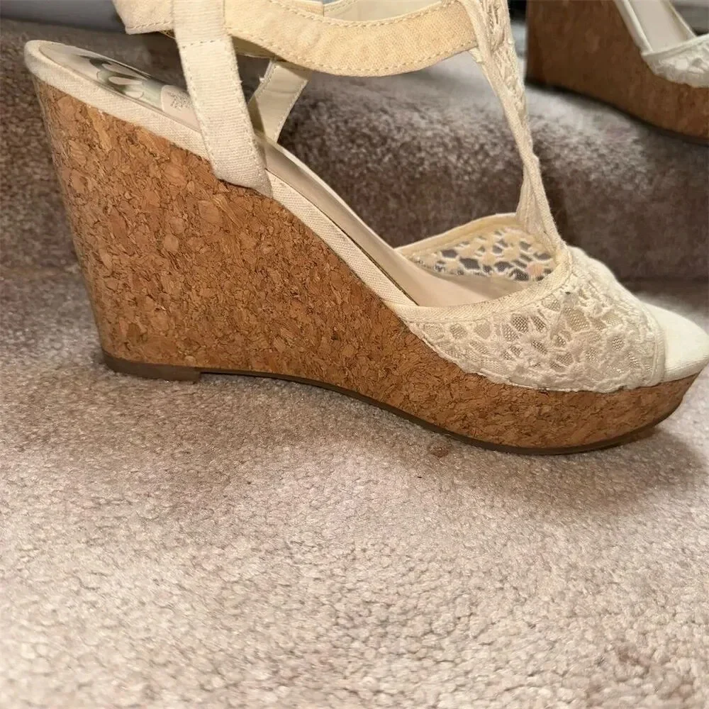 Fergalicious “Lacey” floral lace/ mesh open tie cork wedges beige/tan size 8
